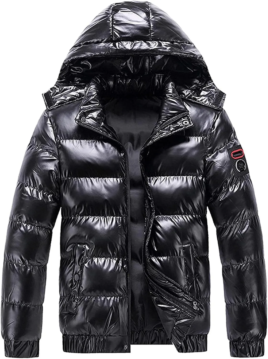 Mens Shiny Puffer Jacket Hooded Down Quilted Insulated Jacket Zip up Padded Coat Glossy Winter Coat Warm Outwear