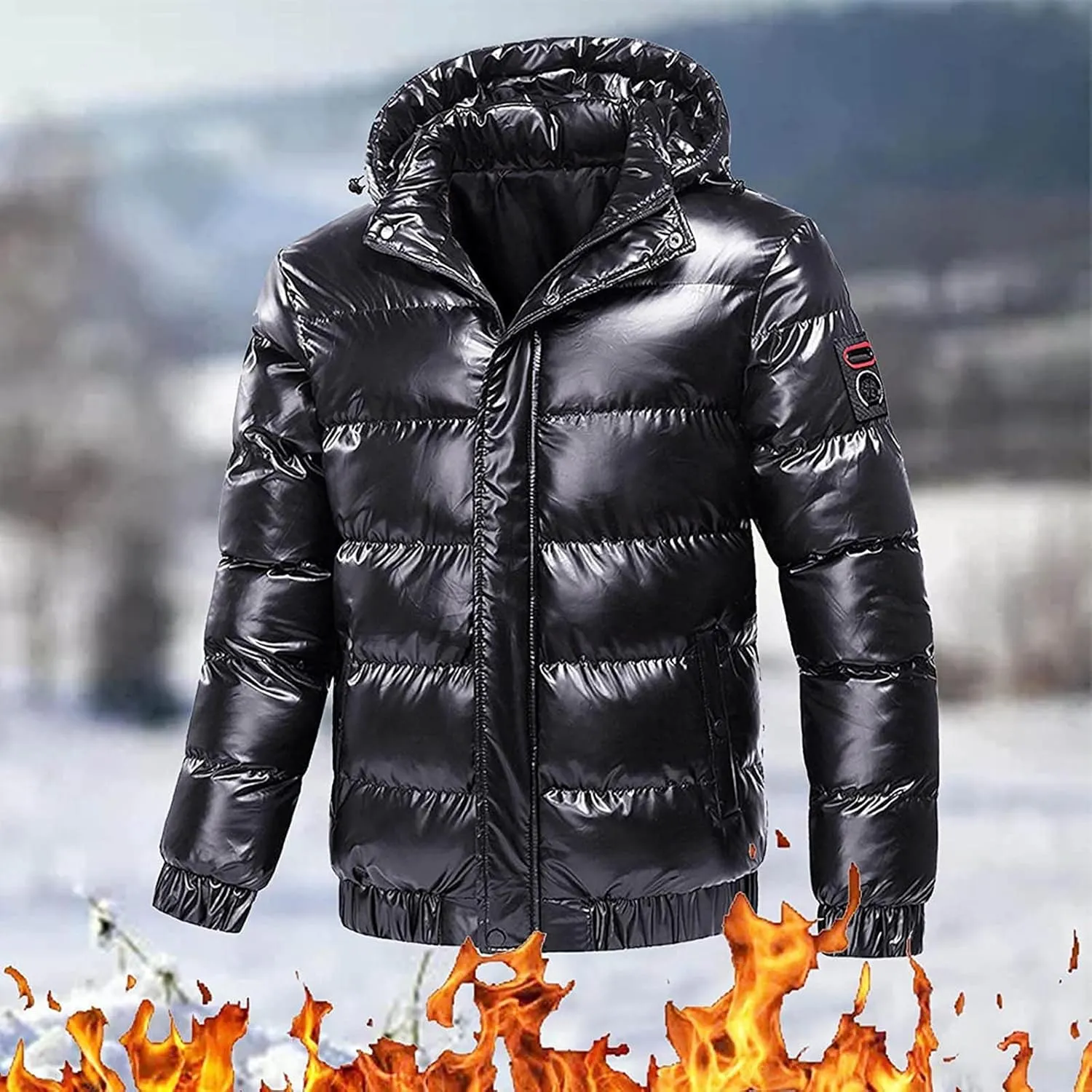 Mens Shiny Puffer Jacket Hooded Down Quilted Insulated Jacket Zip up Padded Coat Glossy Winter Coat Warm Outwear