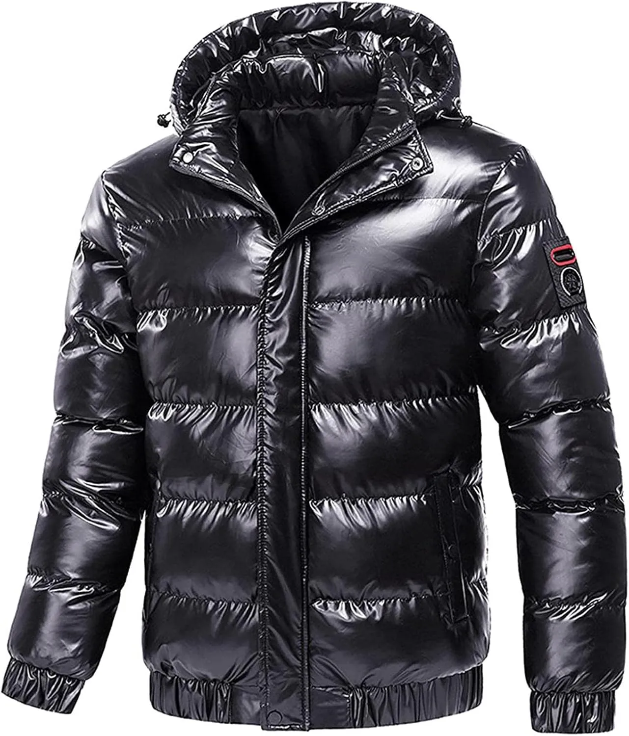 Mens Shiny Puffer Jacket Hooded Down Quilted Insulated Jacket Zip up Padded Coat Glossy Winter Coat Warm Outwear