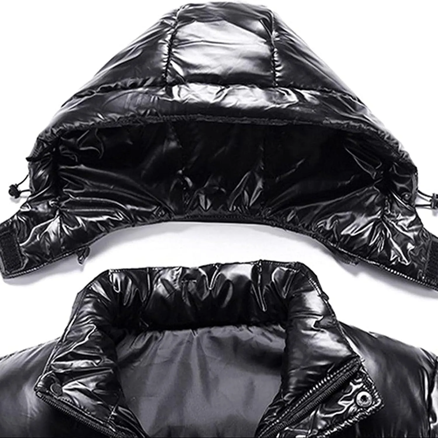 Mens Shiny Puffer Jacket Hooded Down Quilted Insulated Jacket Zip up Padded Coat Glossy Winter Coat Warm Outwear