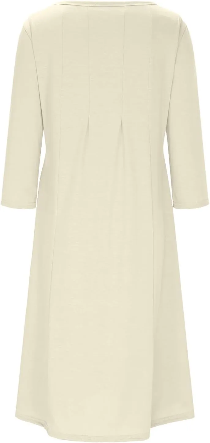 Midi Dresses for Women 2025 Casual Spring Summer Solid 3/4 Sleeve Tshirt Dress Loose Flowy Pleated A Line Swing Dress