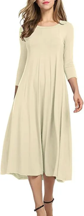 Midi Dresses for Women 2025 Casual Spring Summer Solid 3/4 Sleeve Tshirt Dress Loose Flowy Pleated A Line Swing Dress