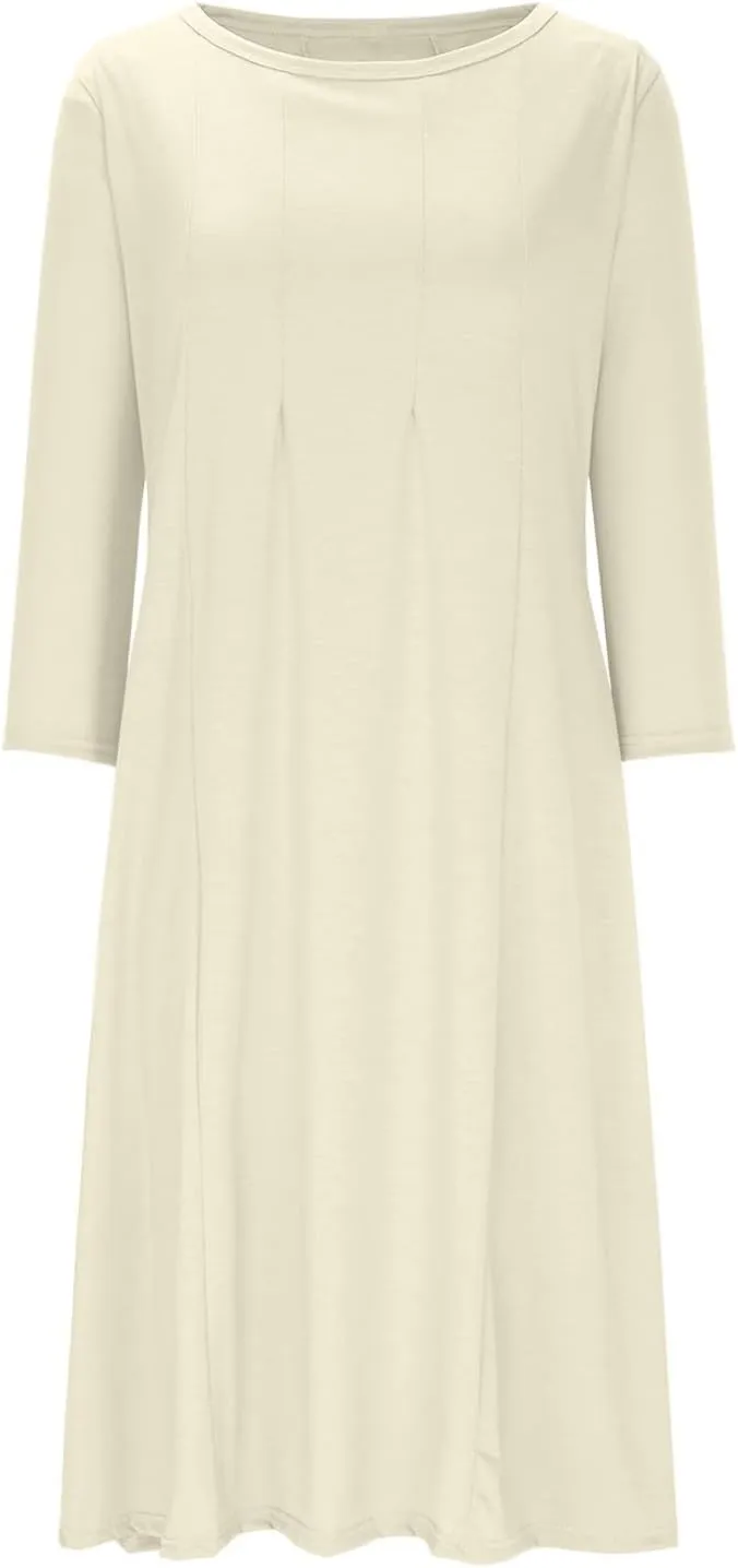 Midi Dresses for Women 2025 Casual Spring Summer Solid 3/4 Sleeve Tshirt Dress Loose Flowy Pleated A Line Swing Dress