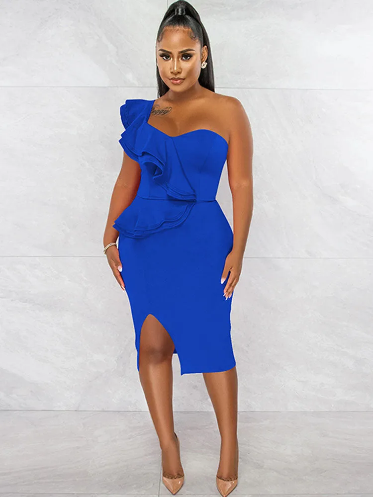 One Shoulder Ruffle Split Midi Dresses