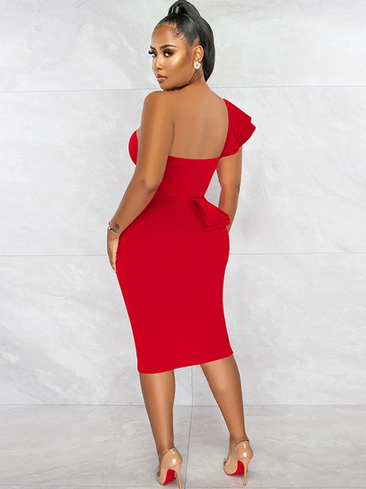 One Shoulder Ruffle Split Midi Dresses
