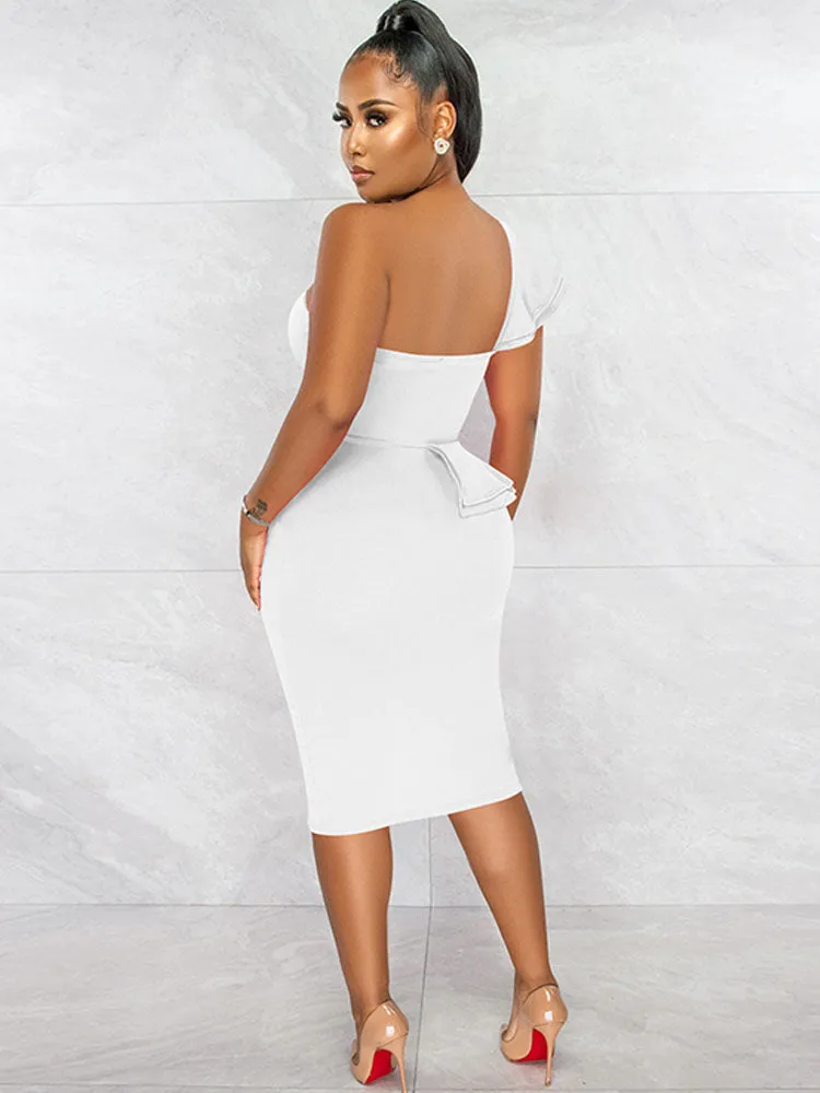 One Shoulder Ruffle Split Midi Dresses
