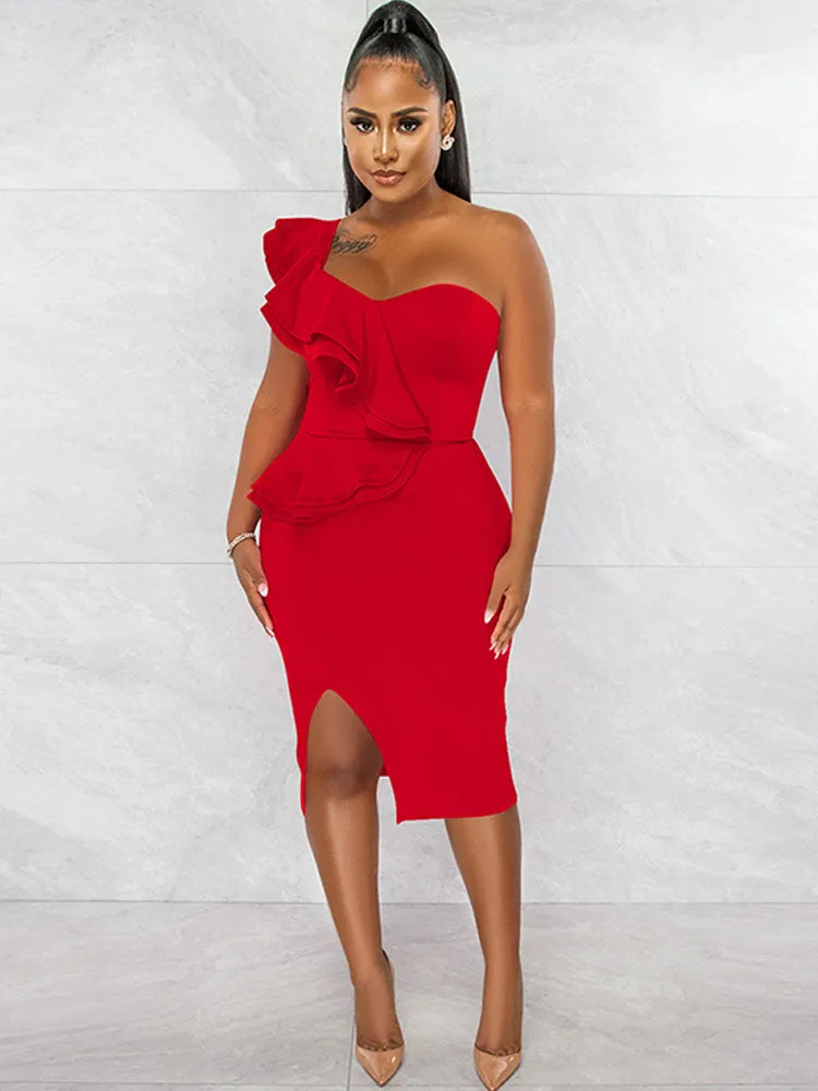 One Shoulder Ruffle Split Midi Dresses