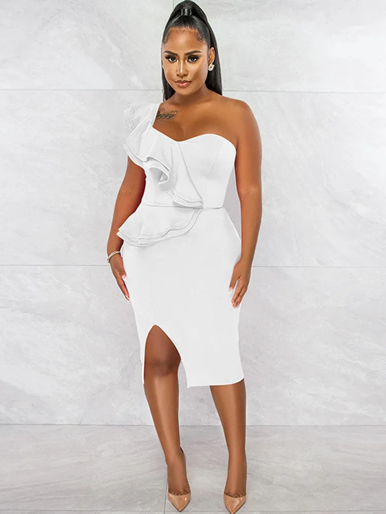 One Shoulder Ruffle Split Midi Dresses