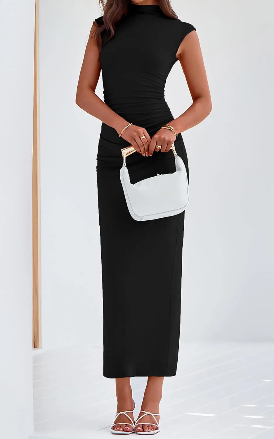 PRETTYGARDEN Women's Summer Maxi Dress Ruched Bodycon Sleeveless Formal Wedding Guest Elegant Cocktail Party Slit Dresses