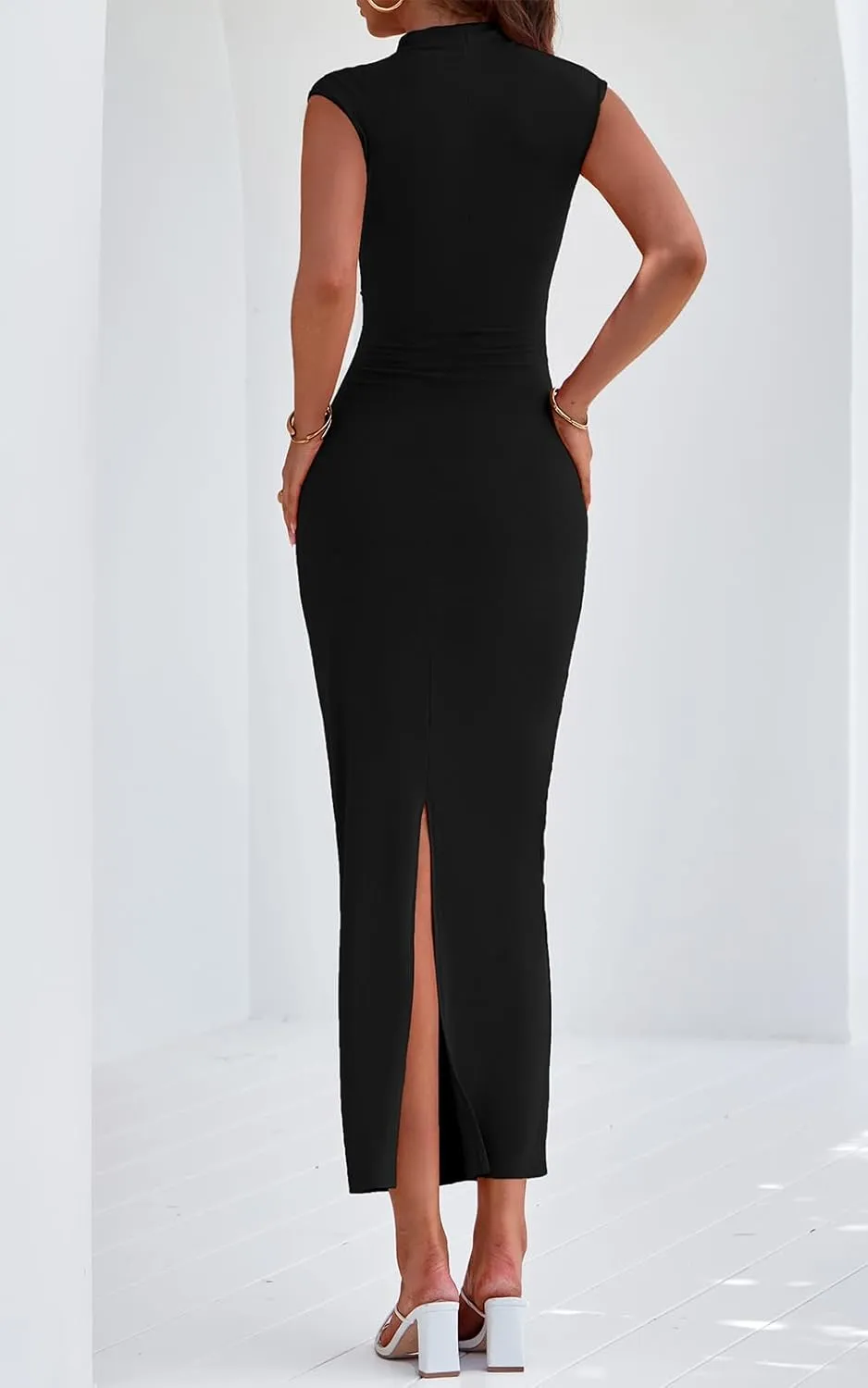 PRETTYGARDEN Women's Summer Maxi Dress Ruched Bodycon Sleeveless Formal Wedding Guest Elegant Cocktail Party Slit Dresses