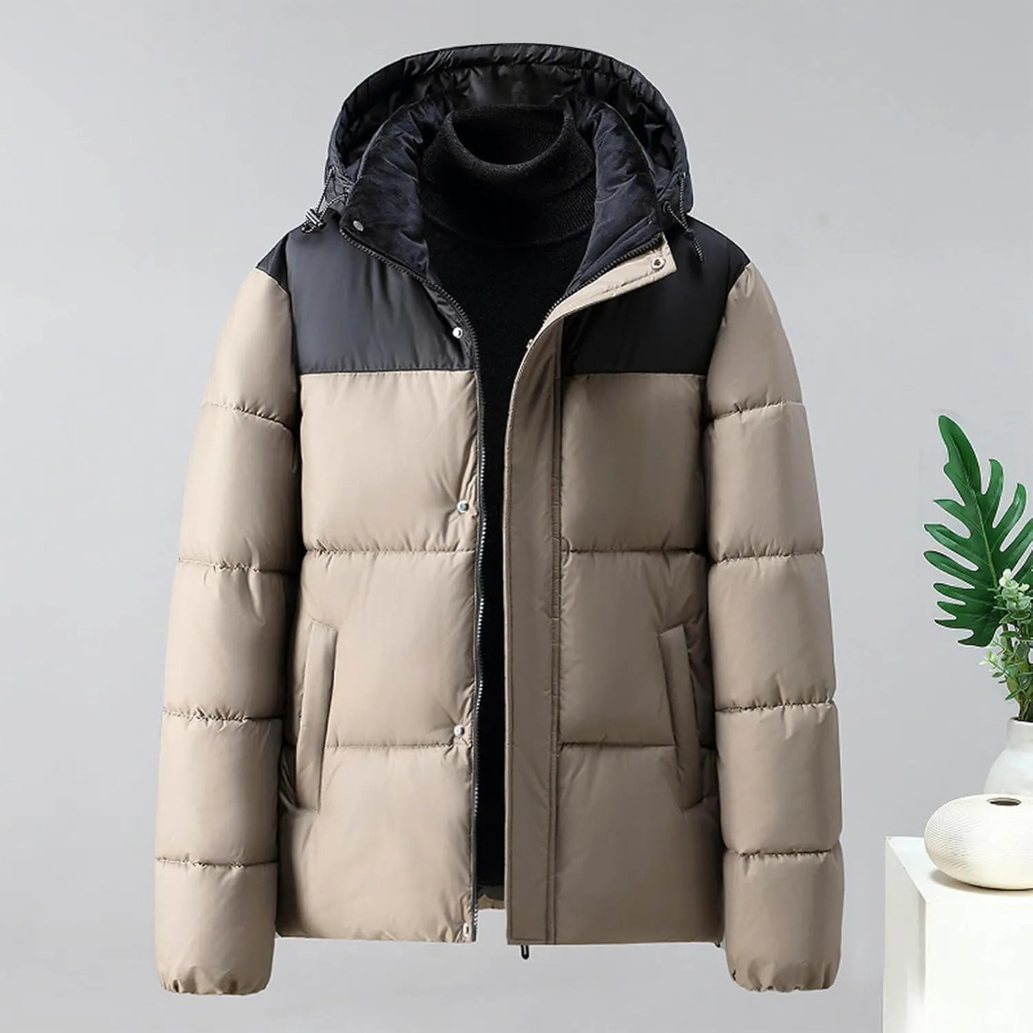 Puffer Jacket Men Zip up Padded Coat Hooded Down Jacket Warm Winter Coat Quilted Insulated Jacket Thermal Outwear