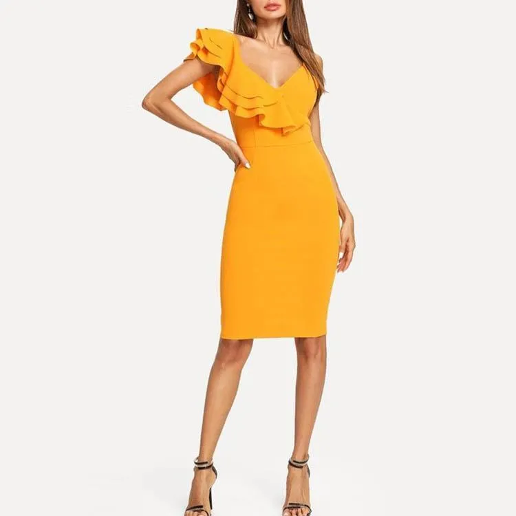 Pure Color Deep V Collar Ruffles Package Hip Bodycon Dress