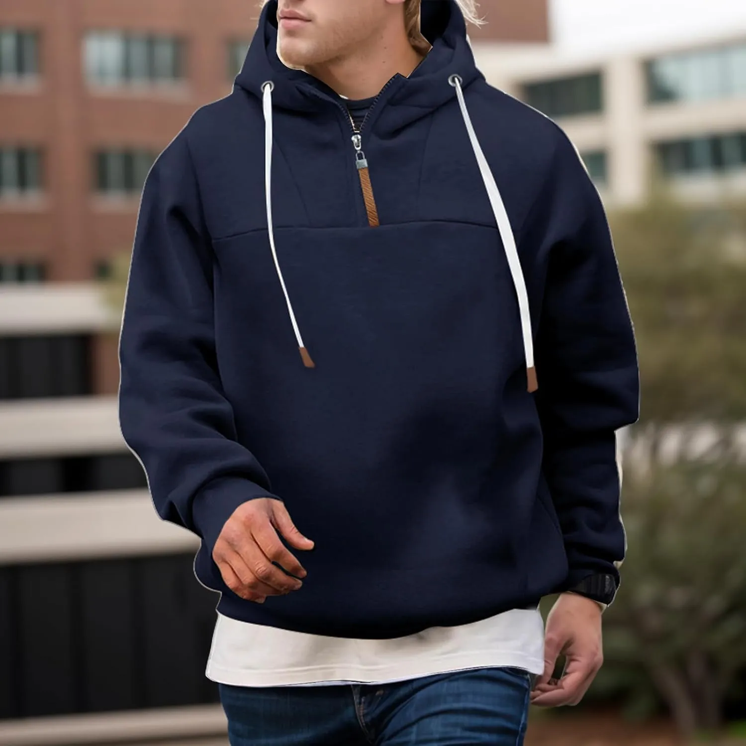 Quarter Zip Hoodies for Men Basic Hooded Sweatshirt Drawstring Casual Long Sleeve Pullover Shirts Workout Tops Unisex
