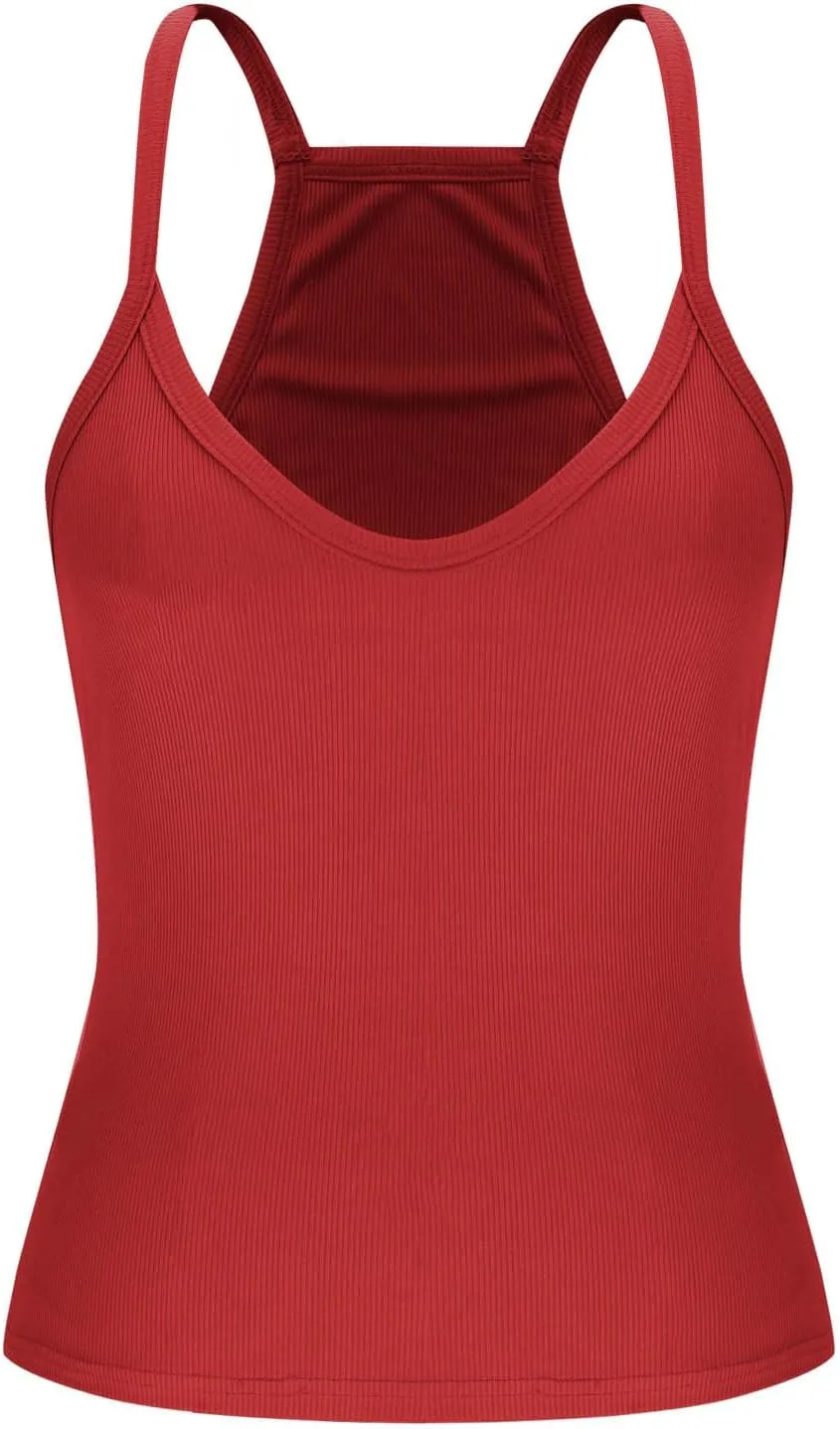 Sexy Deep V Neck Ribbed Cami Tops for Women Summer Racer Back Yoga Workout Tanks Casual Slim Sleeveless Y2K Camisole