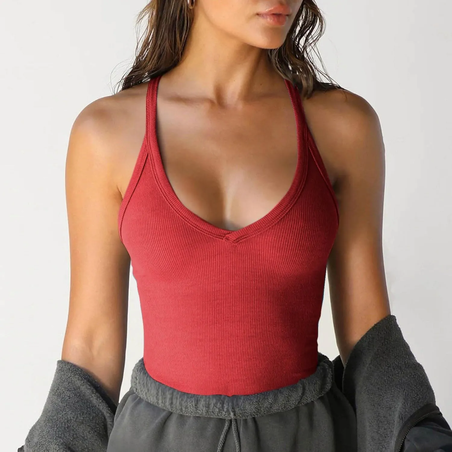 Sexy Deep V Neck Ribbed Cami Tops for Women Summer Racer Back Yoga Workout Tanks Casual Slim Sleeveless Y2K Camisole