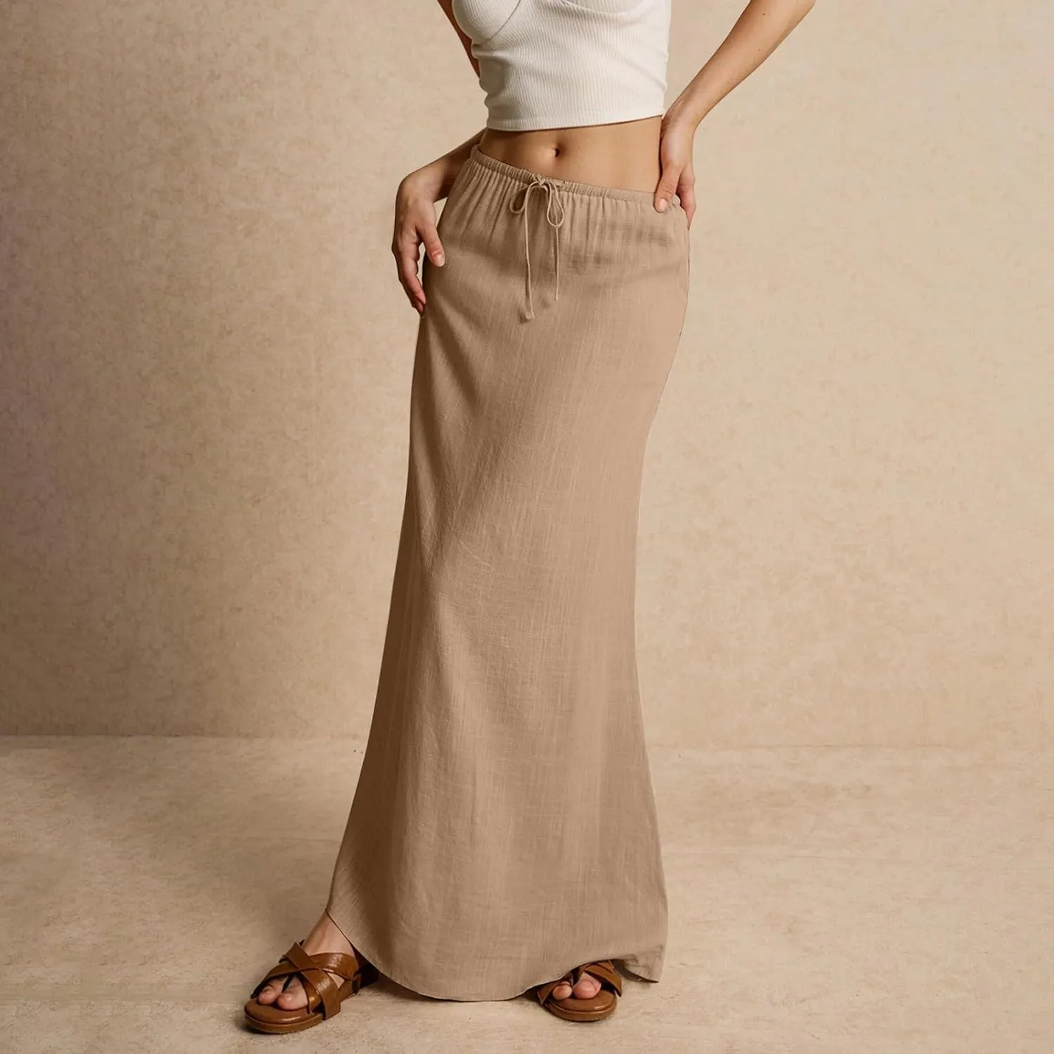 Skirt for Women Long Flowy Skirts Comfy Drawstring Low Rise Womens Linen Maxi Skirt with Slit Summer Plus Size