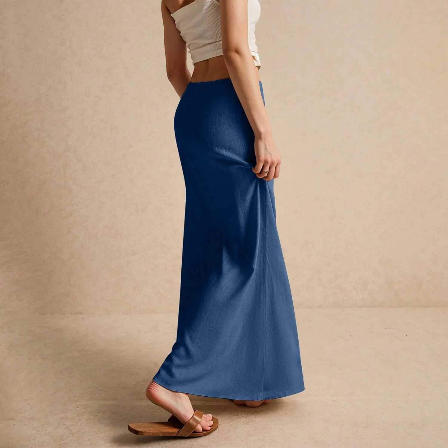 Skirt for Women Long Flowy Skirts Comfy Drawstring Low Rise Womens Linen Maxi Skirt with Slit Summer Plus Size