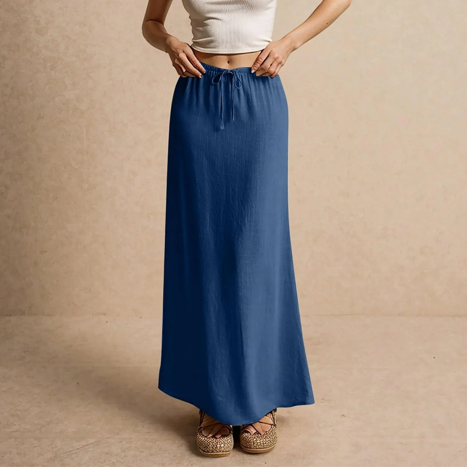 Skirt for Women Long Flowy Skirts Comfy Drawstring Low Rise Womens Linen Maxi Skirt with Slit Summer Plus Size