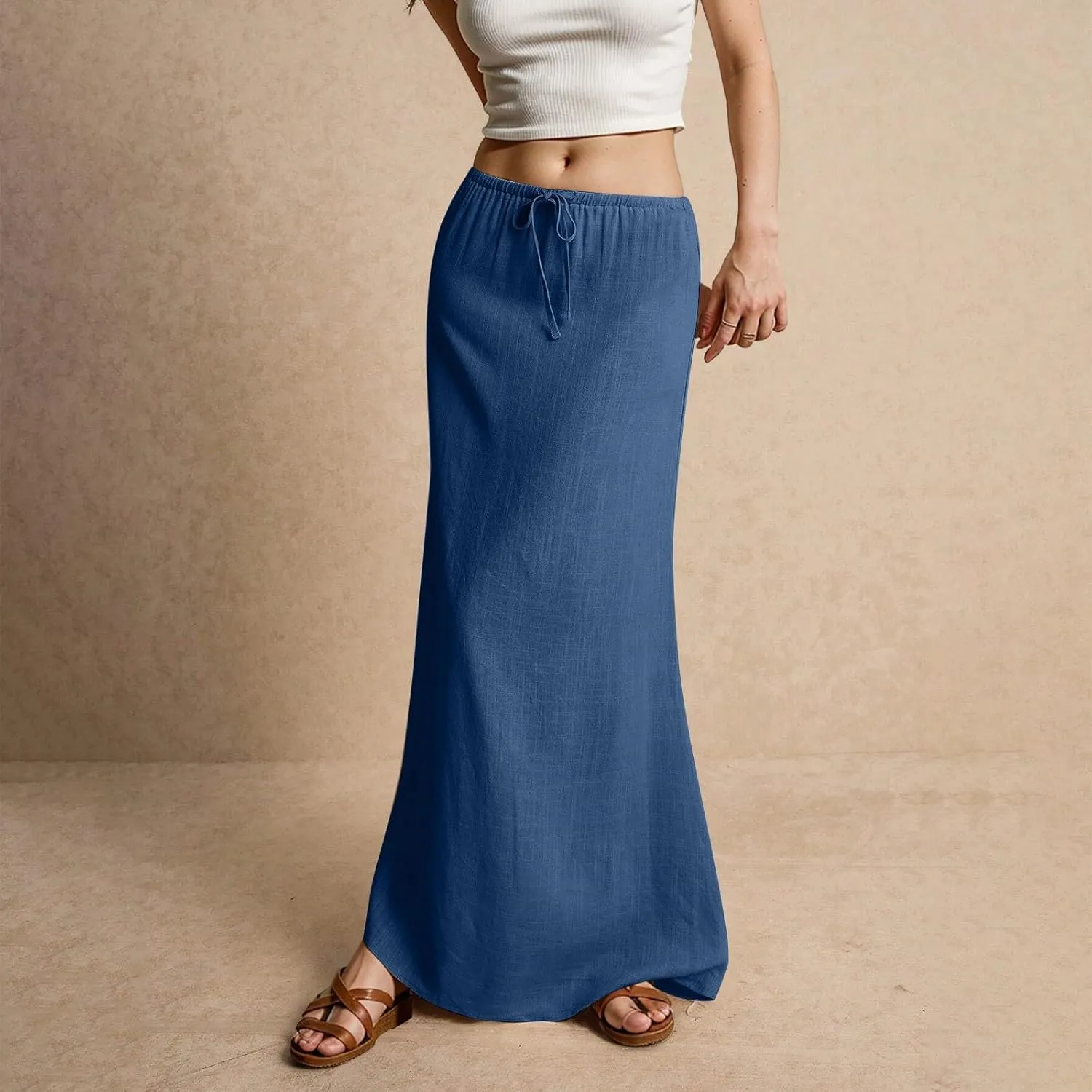 Skirt for Women Long Flowy Skirts Comfy Drawstring Low Rise Womens Linen Maxi Skirt with Slit Summer Plus Size