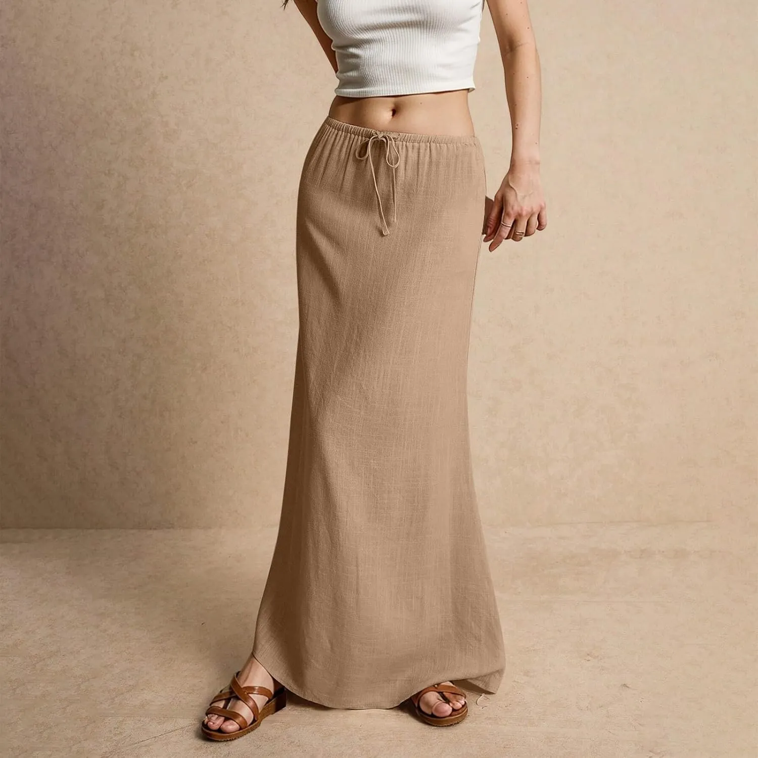 Skirt for Women Long Flowy Skirts Comfy Drawstring Low Rise Womens Linen Maxi Skirt with Slit Summer Plus Size