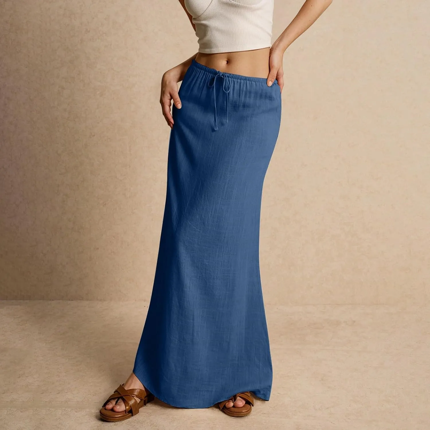 Skirt for Women Long Flowy Skirts Comfy Drawstring Low Rise Womens Linen Maxi Skirt with Slit Summer Plus Size