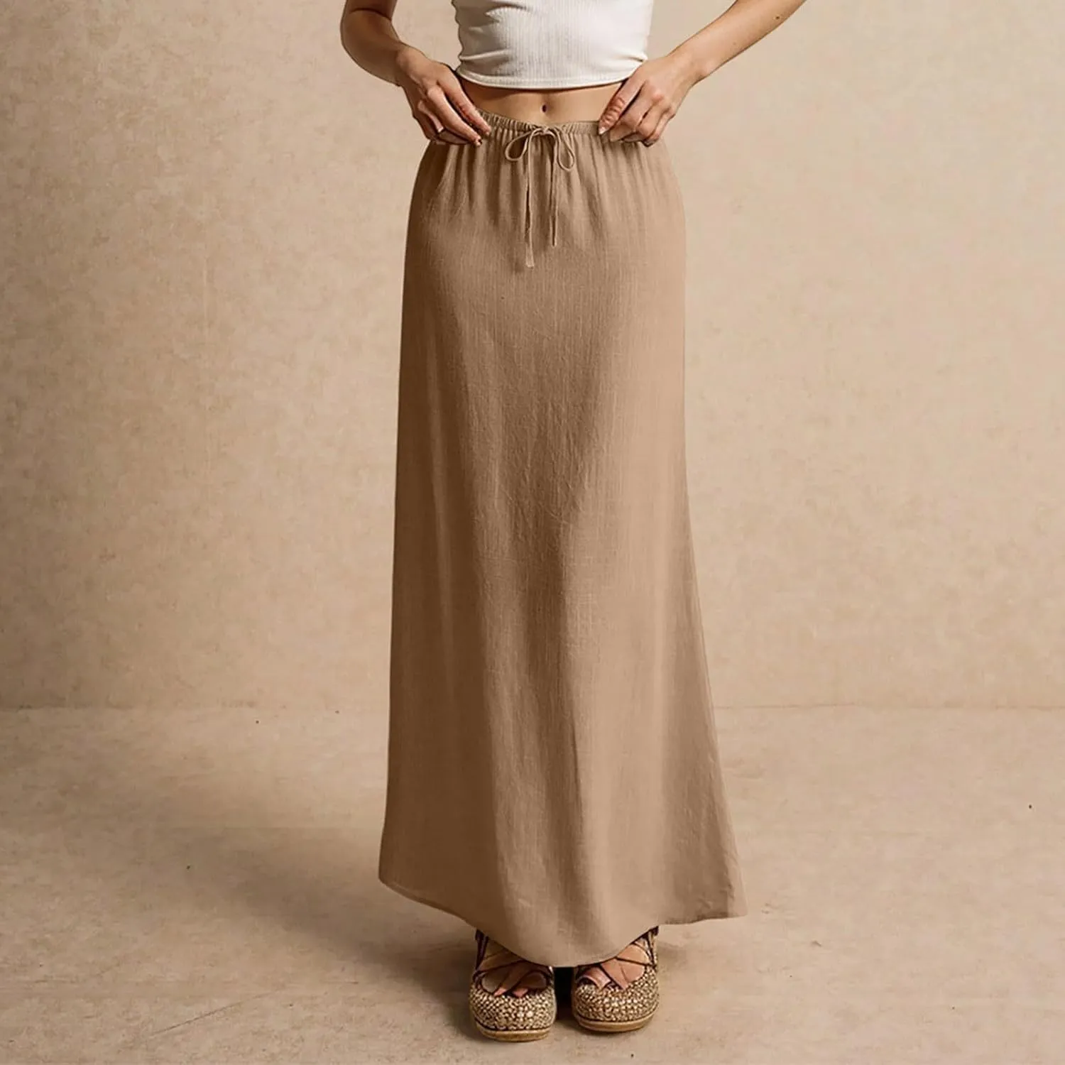 Skirt for Women Long Flowy Skirts Comfy Drawstring Low Rise Womens Linen Maxi Skirt with Slit Summer Plus Size