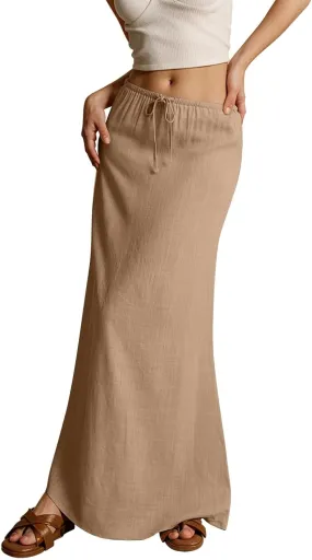 Skirt for Women Long Flowy Skirts Comfy Drawstring Low Rise Womens Linen Maxi Skirt with Slit Summer Plus Size