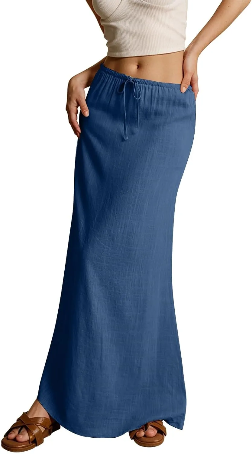 Skirt for Women Long Flowy Skirts Comfy Drawstring Low Rise Womens Linen Maxi Skirt with Slit Summer Plus Size