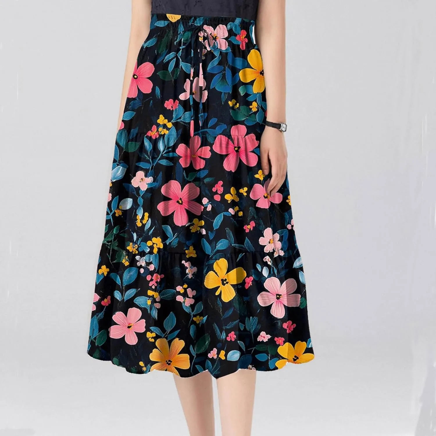 Skirts for Women Floral Trendy High Waisted Flowy Midi Skirt Boho Women's Belted Skirts