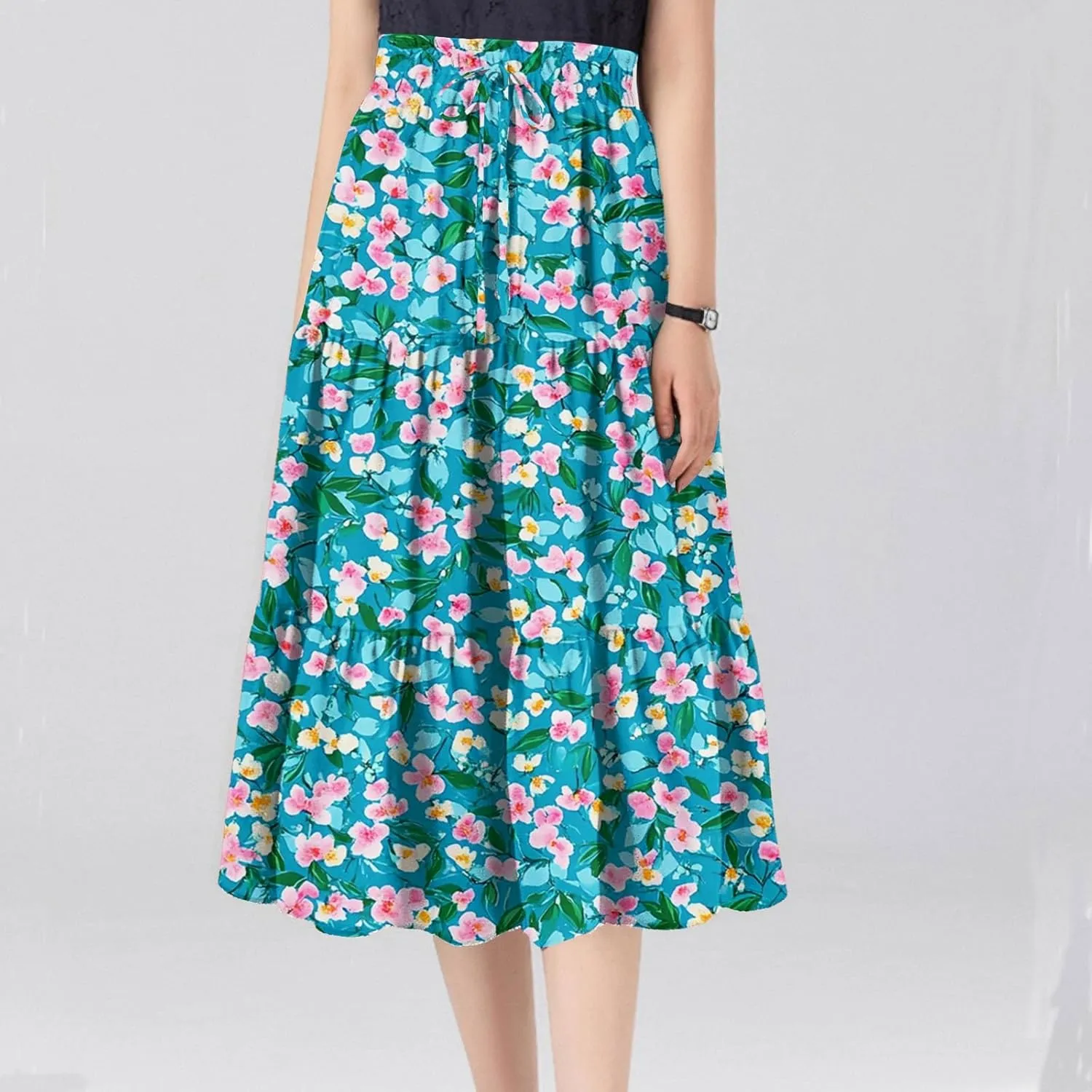 Skirts for Women Floral Trendy High Waisted Flowy Midi Skirt Boho Women's Belted Skirts