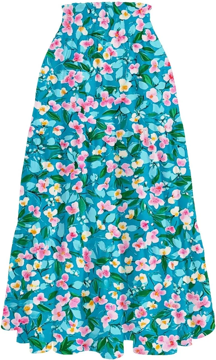Skirts for Women Floral Trendy High Waisted Flowy Midi Skirt Boho Women's Belted Skirts