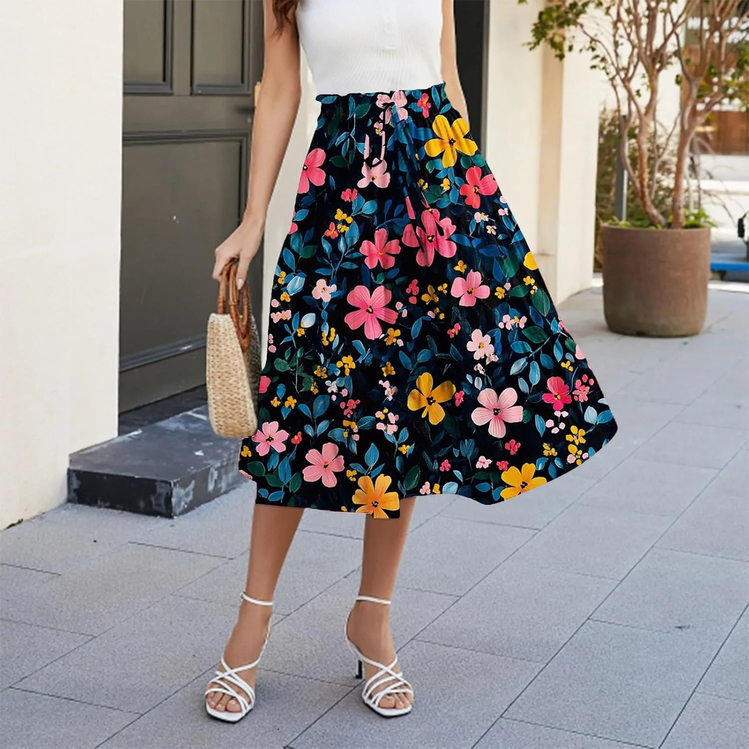 Skirts for Women Floral Trendy High Waisted Flowy Midi Skirt Boho Women's Belted Skirts