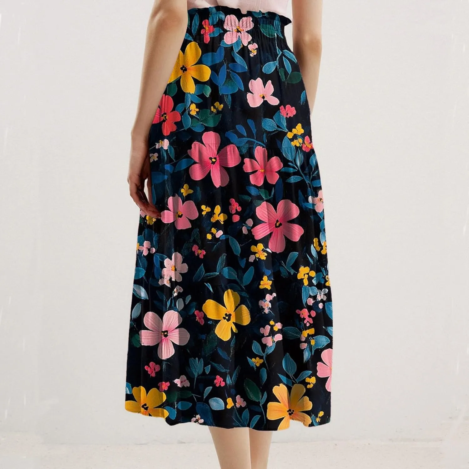 Skirts for Women Floral Trendy High Waisted Flowy Midi Skirt Boho Women's Belted Skirts