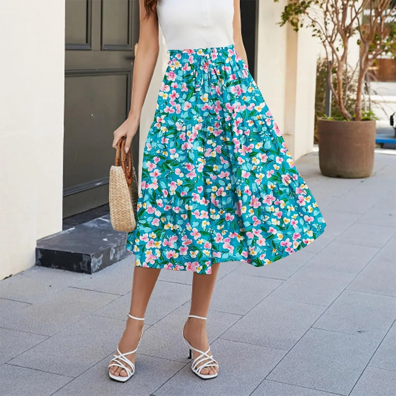 Skirts for Women Floral Trendy High Waisted Flowy Midi Skirt Boho Women's Belted Skirts
