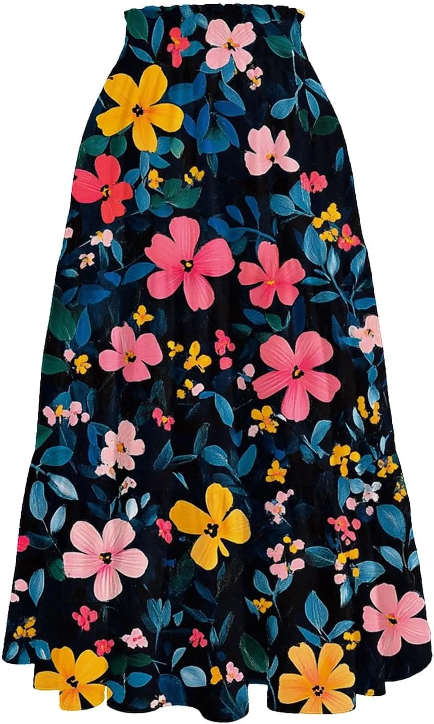 Skirts for Women Floral Trendy High Waisted Flowy Midi Skirt Boho Women's Belted Skirts