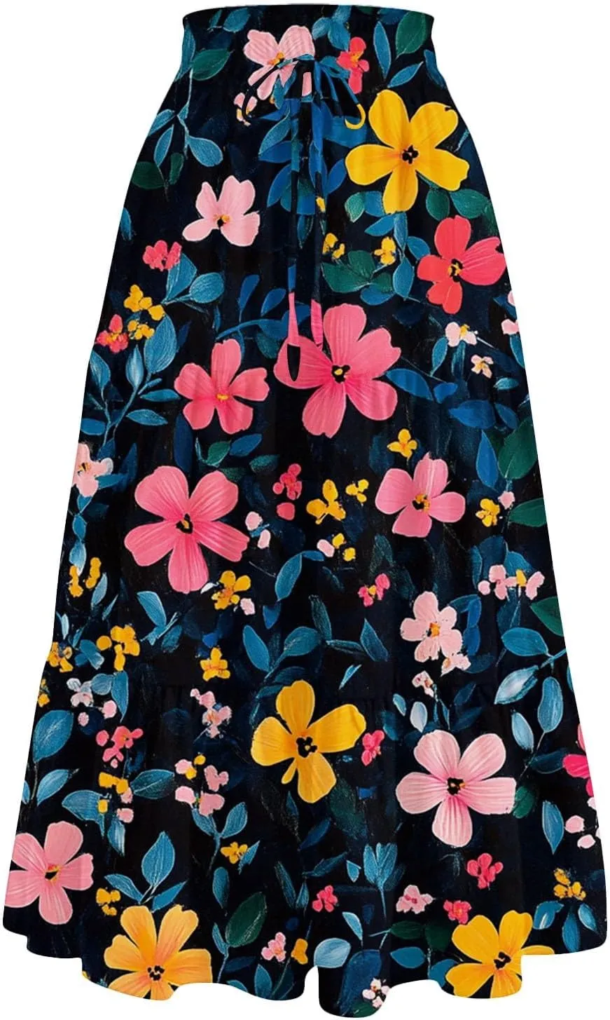 Skirts for Women Floral Trendy High Waisted Flowy Midi Skirt Boho Women's Belted Skirts