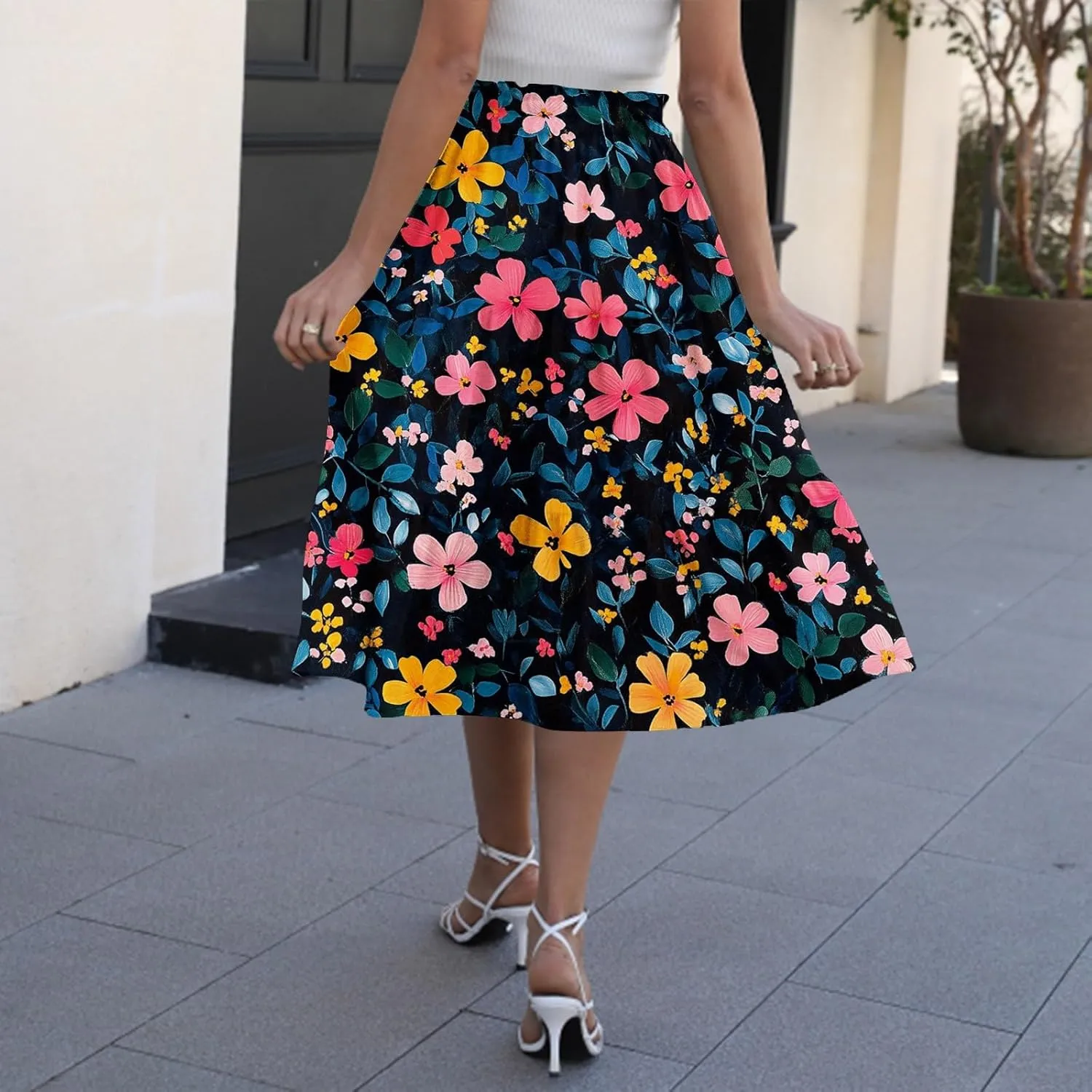 Skirts for Women Floral Trendy High Waisted Flowy Midi Skirt Boho Women's Belted Skirts