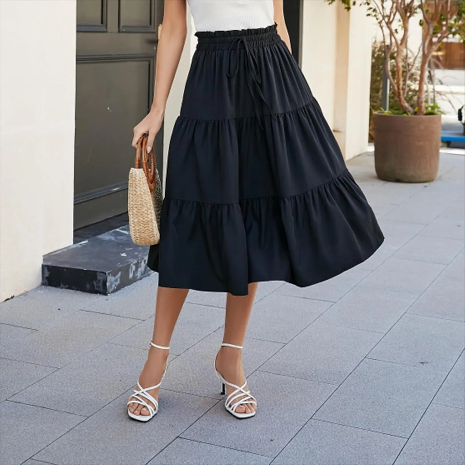Skirts for Women Trendy Summer Tiered Elastic High Waisted Floral Skirt Vacation A Line Drawstring Flowy Long Skirts