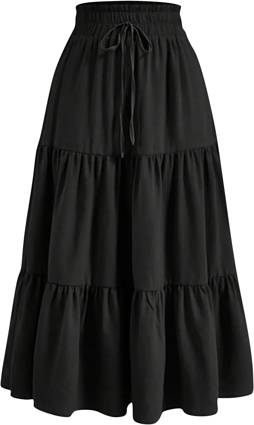 Skirts for Women Trendy Summer Tiered Elastic High Waisted Floral Skirt Vacation A Line Drawstring Flowy Long Skirts