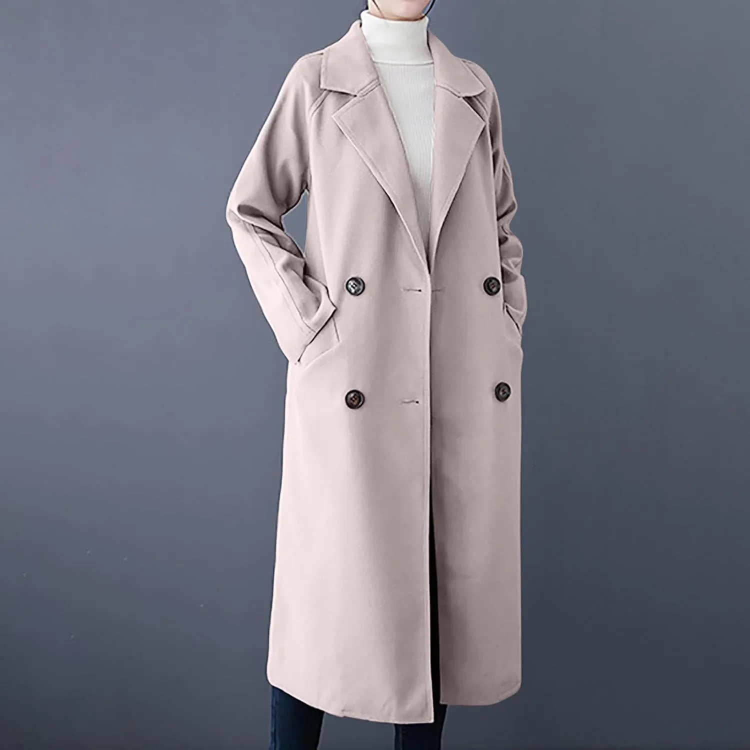 Trench Coat Women Double Breasted Lapel Collar Pea Coats Plus Size Long Winter Coats Casual Overcoat with Belt