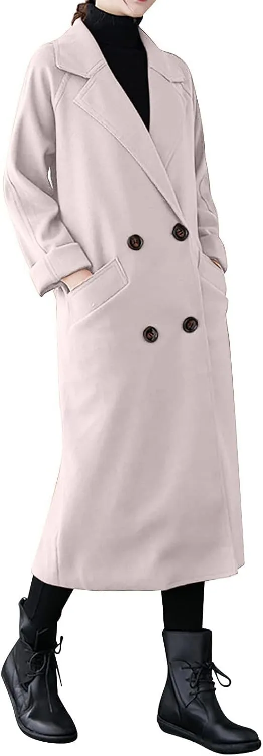 Trench Coat Women Double Breasted Lapel Collar Pea Coats Plus Size Long Winter Coats Casual Overcoat with Belt