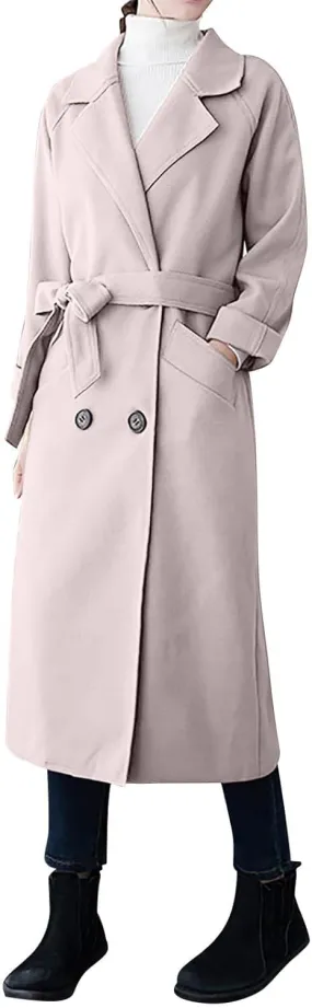 Trench Coat Women Double Breasted Lapel Collar Pea Coats Plus Size Long Winter Coats Casual Overcoat with Belt