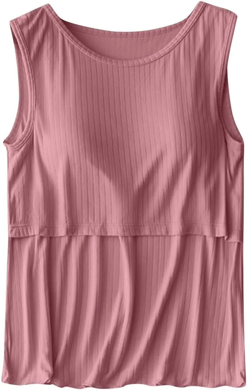 Women Cotton Maternity Nursing Tank Top Summer Bin in Bra Sleeveless Breastfeeding Shirt Cozy Crop Pregnancy Clothes