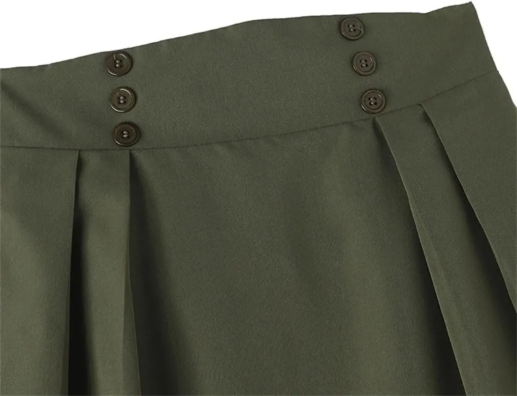 Women Vintage High Waisted Pleated Skirts Summer Fashion Buttons Beach Vacation Long Skirts