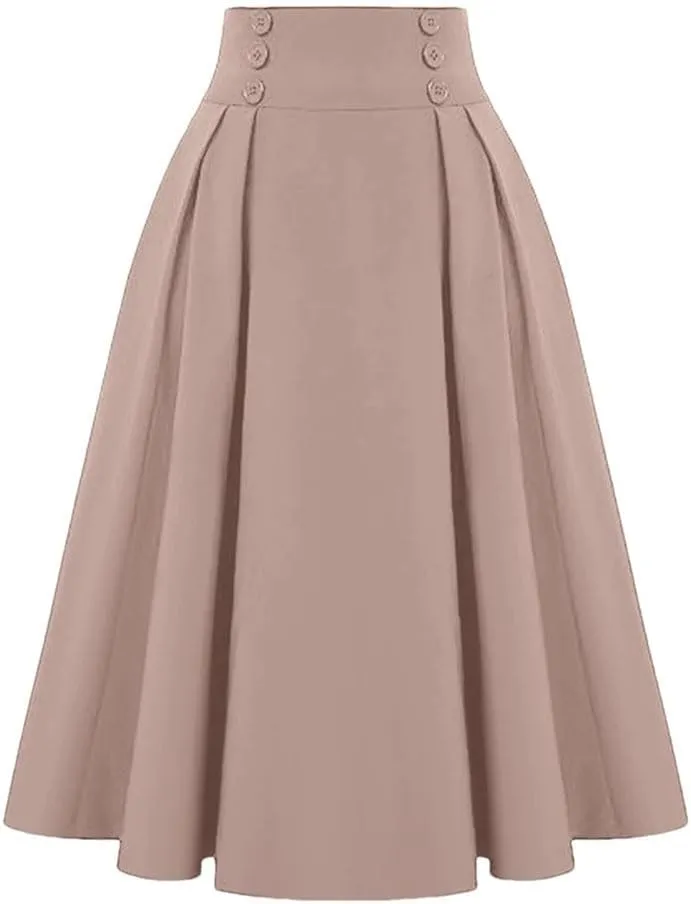Women Vintage High Waisted Pleated Skirts Summer Fashion Buttons Beach Vacation Long Skirts