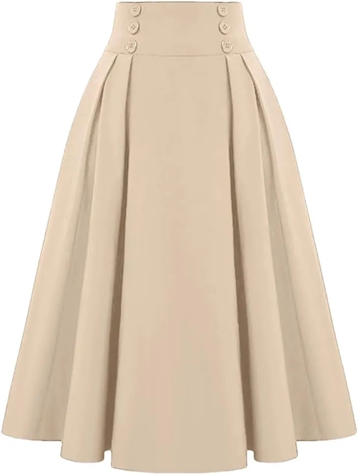 Women Vintage High Waisted Pleated Skirts Summer Fashion Buttons Beach Vacation Long Skirts