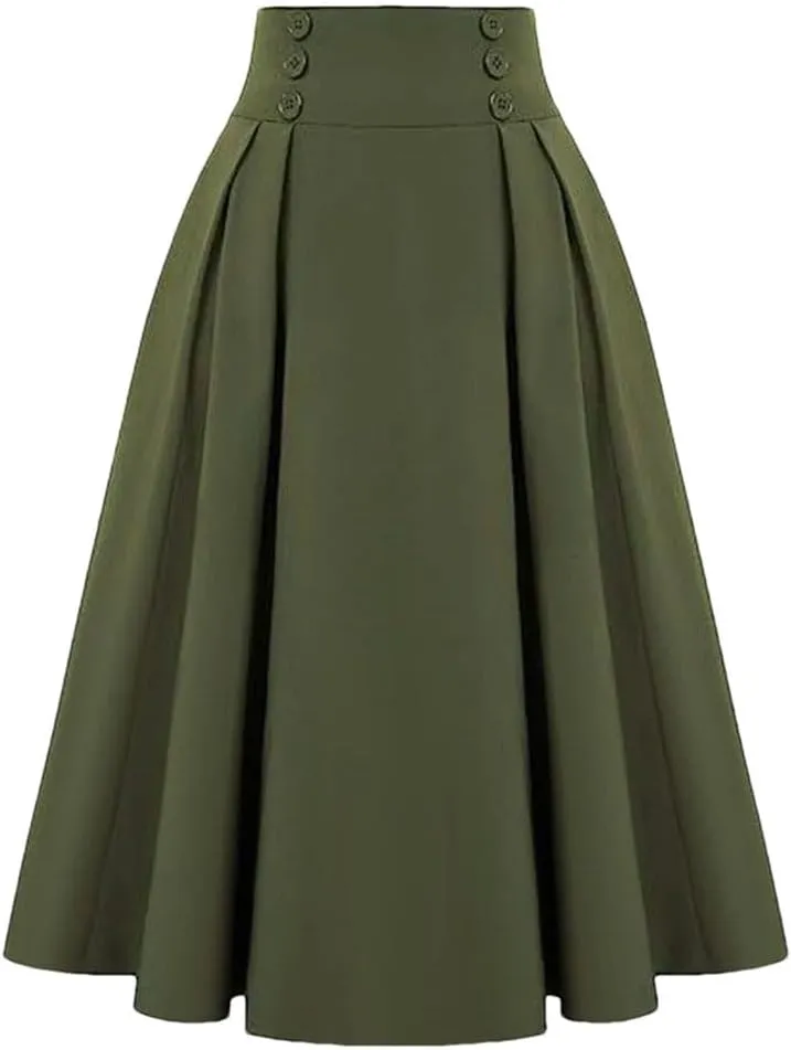 Women Vintage High Waisted Pleated Skirts Summer Fashion Buttons Beach Vacation Long Skirts