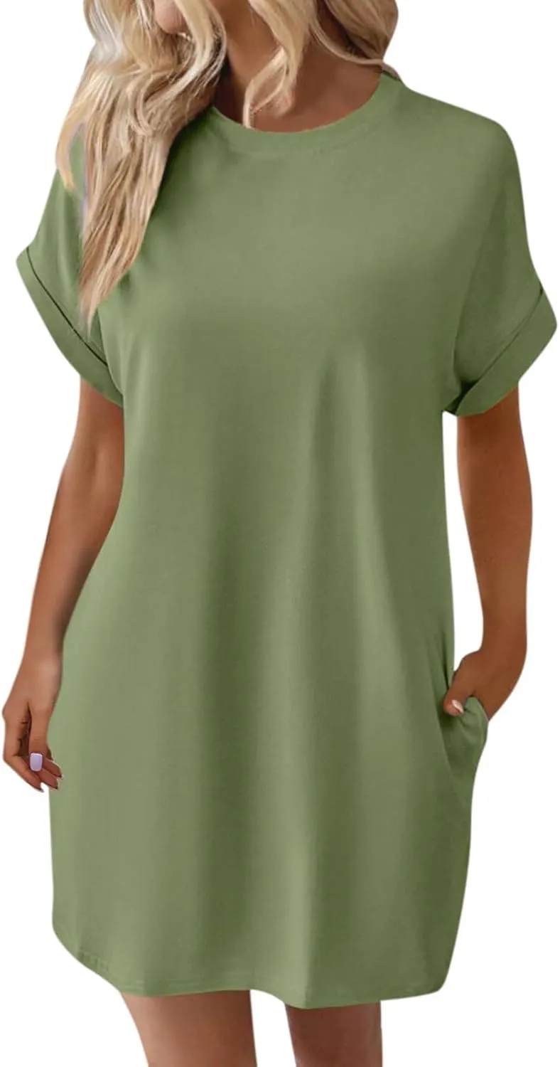 Womens Casual Summer T Shirt Dress Short Sleeve Crewneck Loose Mini Sundress Solid Nightgown Dress with Pocket