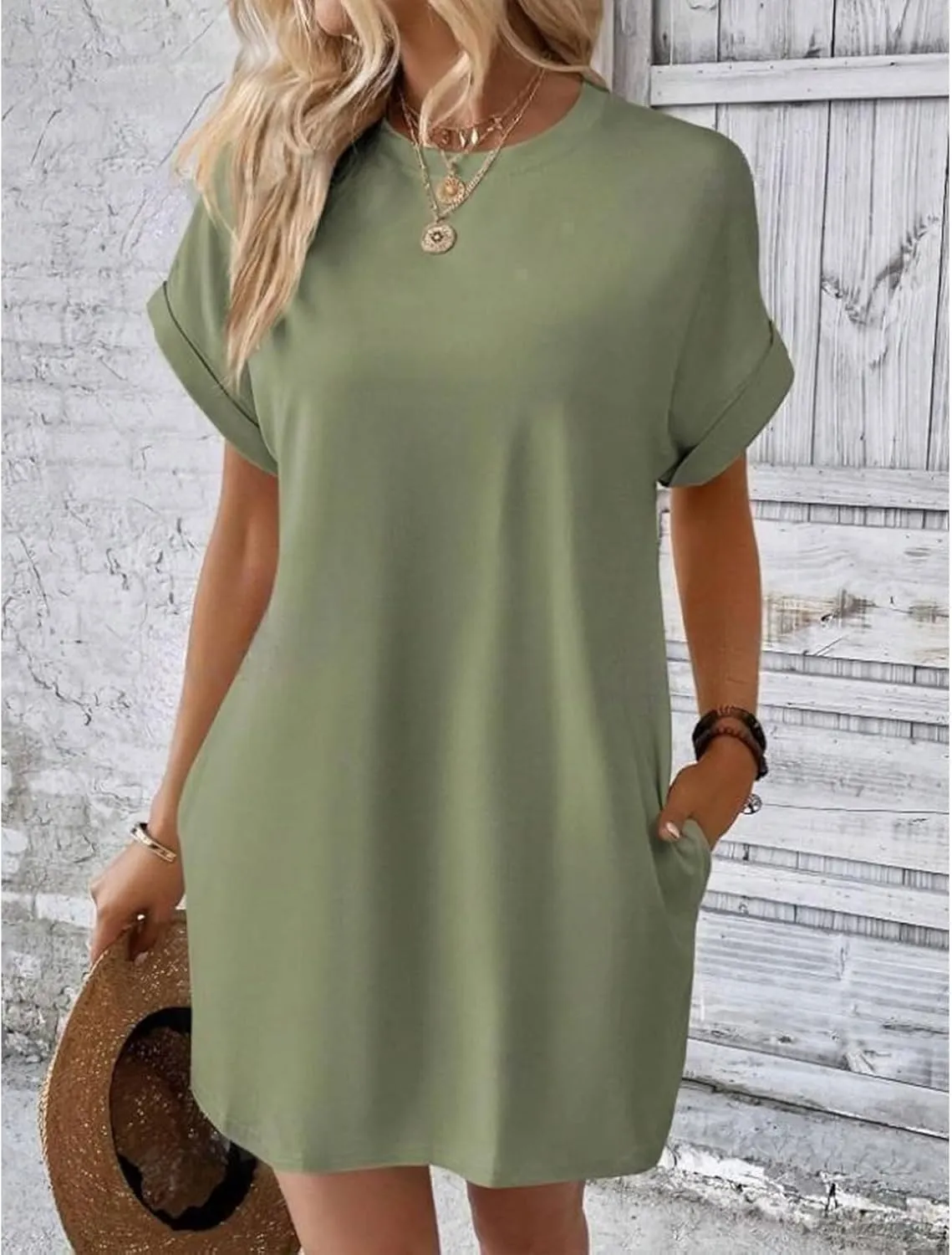 Womens Casual Summer T Shirt Dress Short Sleeve Crewneck Loose Mini Sundress Solid Nightgown Dress with Pocket