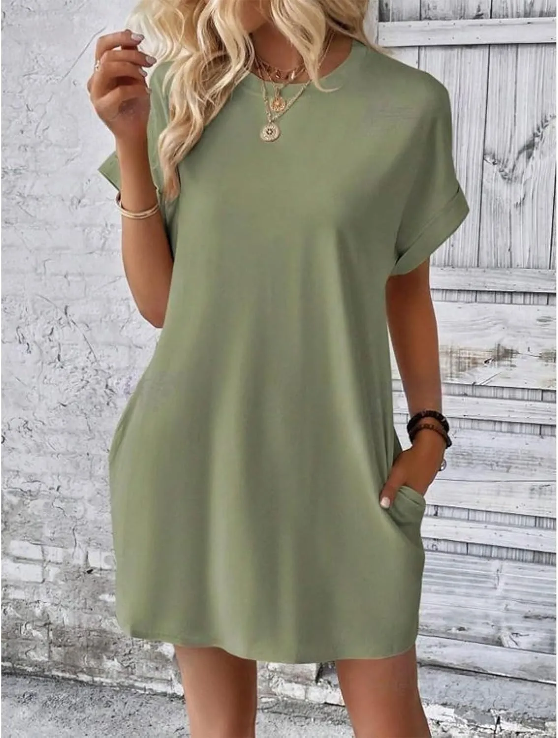 Womens Casual Summer T Shirt Dress Short Sleeve Crewneck Loose Mini Sundress Solid Nightgown Dress with Pocket